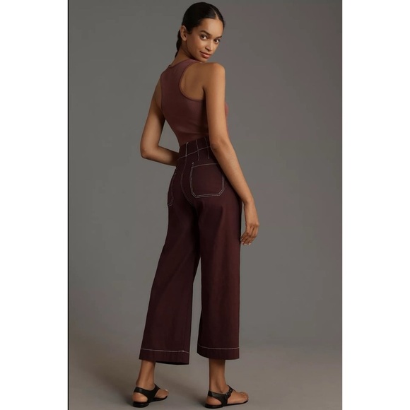 NWT Anthropologie The Colette Cropped Wide Leg Linen Pants Contrast Brown Purple - Picture 13 of 13